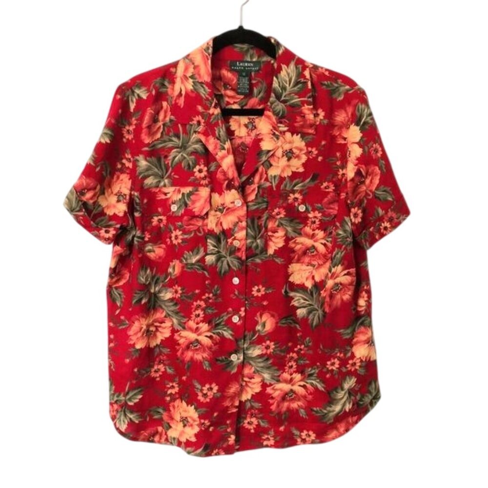 Nwot Lrl 100% Linen Button Up Red Floral Short Sleeve Hawaiian Shirt Size 1x